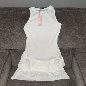 Micas ribbed White Sleeveless Ruffle Dress
